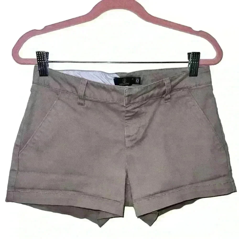 Volcom Khaki Low Rise Mini Shorts with Button and Clasp Closure